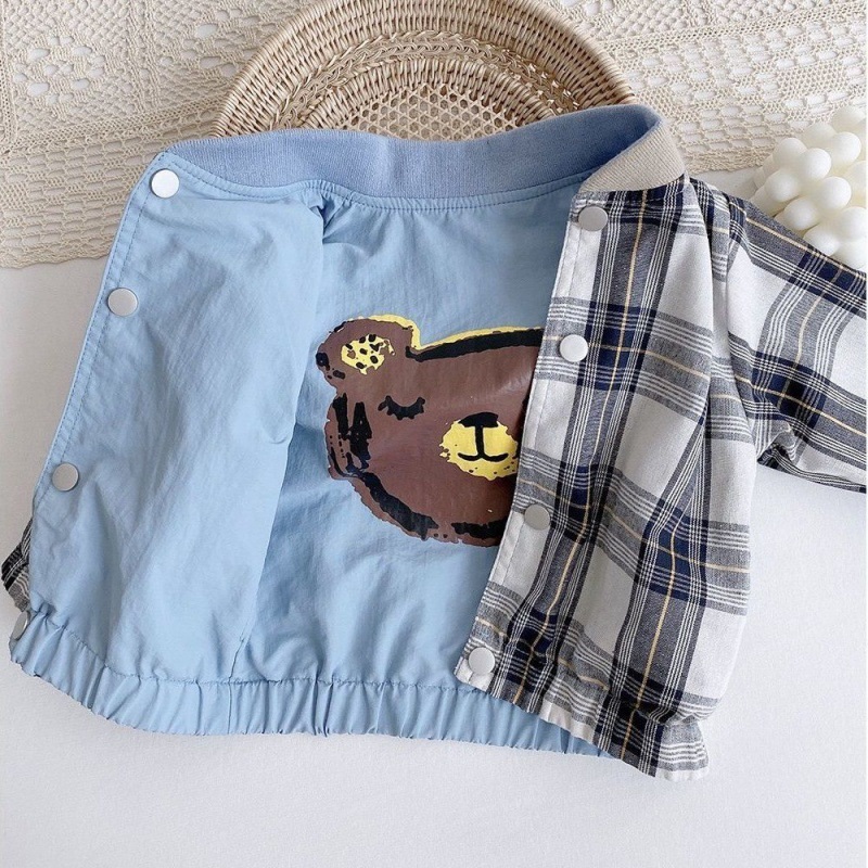 Baby Jongen Meisje Cartoon Jas Baby Peuter Kind Beer Plaid Omkeerbare Jas Knop Blazer Lente Herfst Baby Kleding 1-7Y: 12M