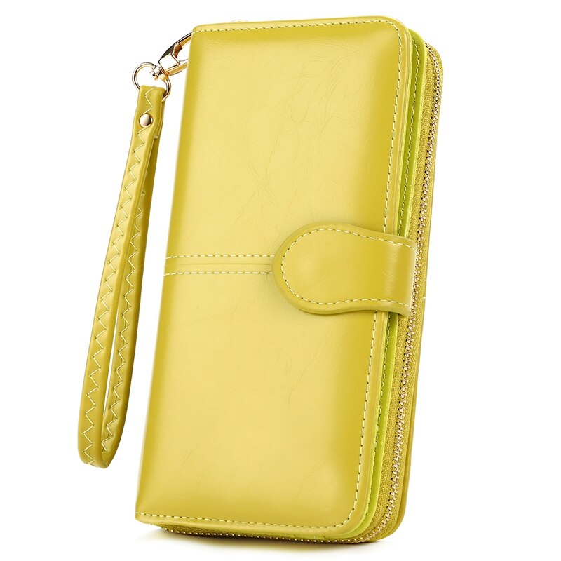 VICUNA POLO Brand Waxy Oil Leather Card Holder Wallet For Women Large Capacity Travel Ladies Wallet Clutch Wristlet Wallets: Lemon yellow
