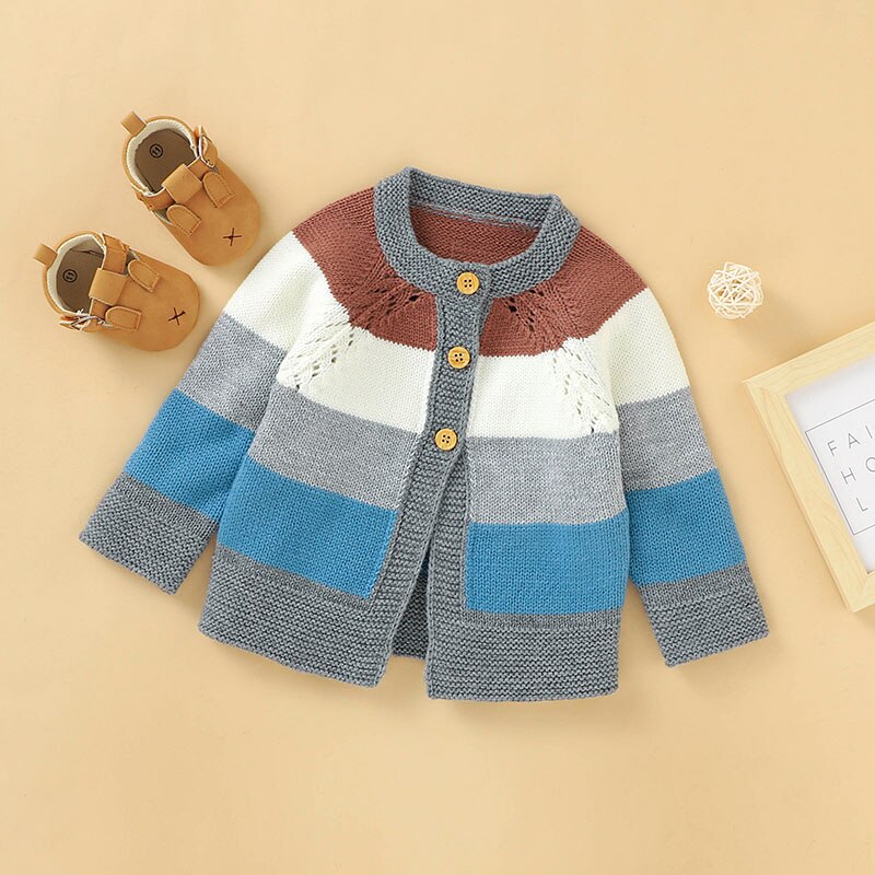 Cardigan tricoté pour petites filles, pull à rayures arc-en-ciel, col rond, manches longues, boutonnage simple, vêtements d'extérieur décontractés, automne: BLEU CIEL / 3M
