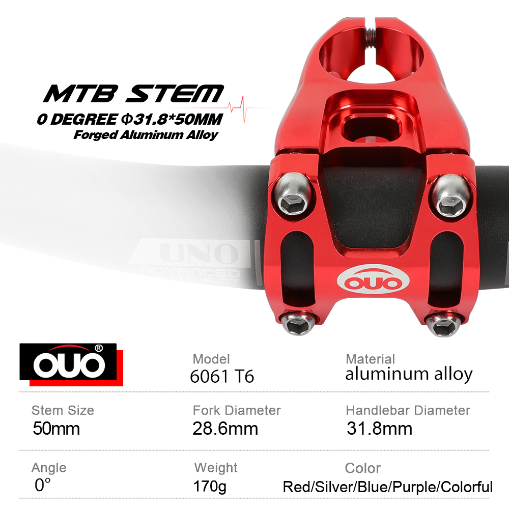 OUO MTB Bicycle Stem CNC Bike Handlebar Stem 0 Degree Bar Riser 50mm DH AM Enduro Bike Table 31.8mm Bicycl Stem