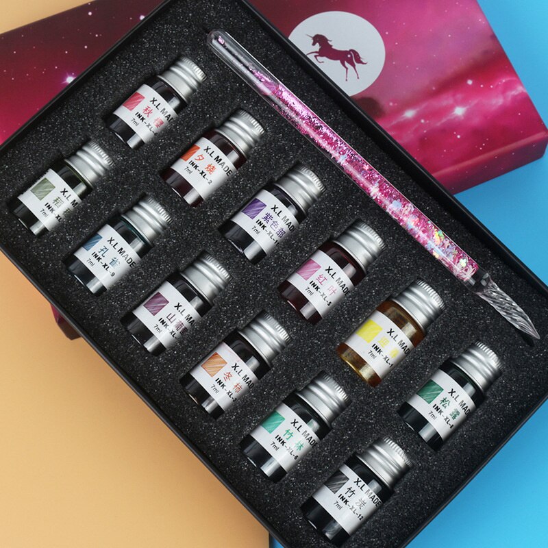 7/13pcs Glass Dip Pen And Blue Ink Sets Box Sequin Series Signature Pencil Handicraft Dip Pens Glass Pencils: Sky Pink