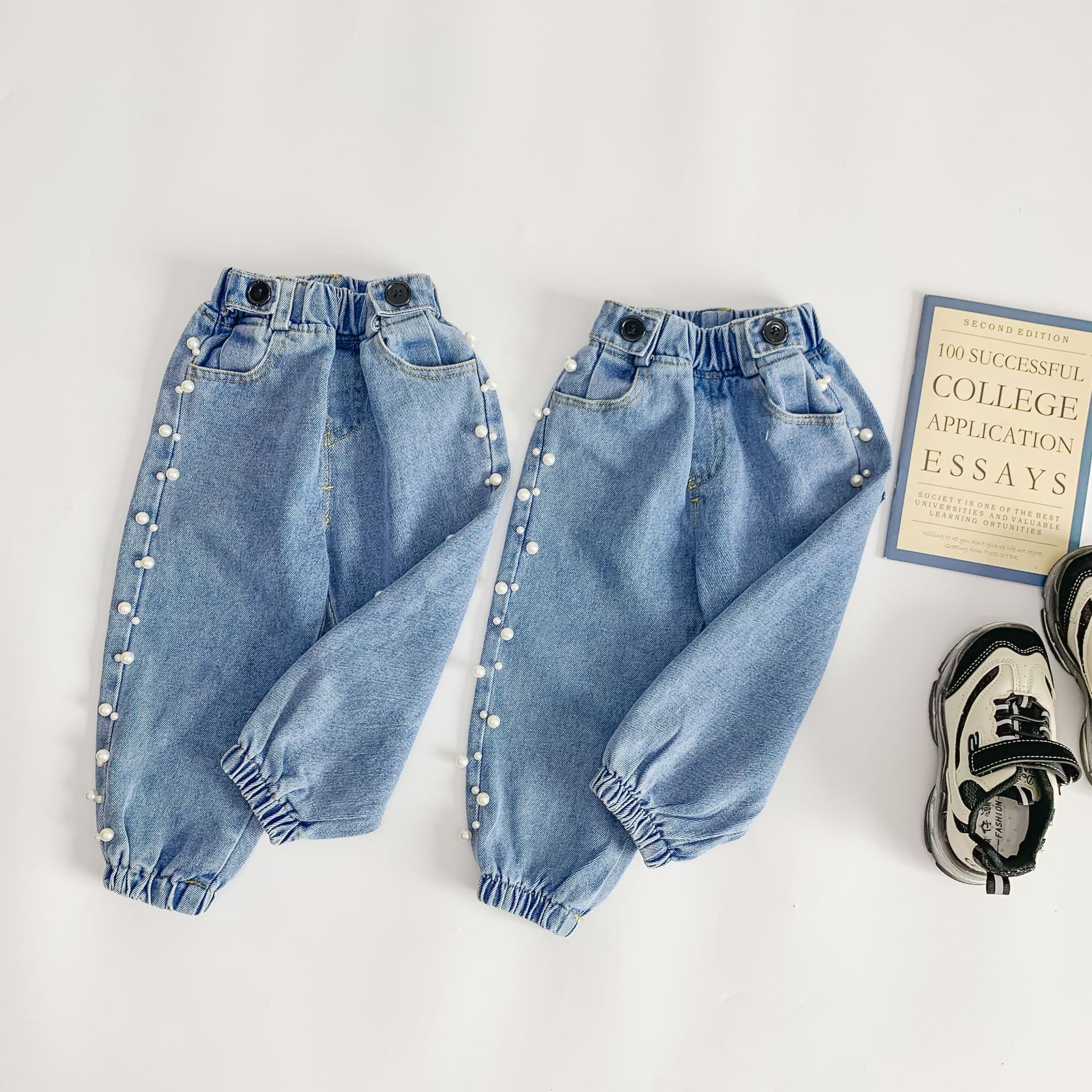 Pantalon en denim avec perles latérales pour filles de 1 à 6 ans, tenue d&#39;automne assortie