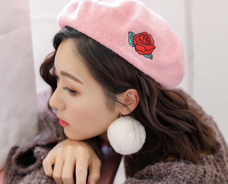Køligt forår efterår vinter kunstner hue hue kvinder piger maler kasket baret broderi smil ansigt kat rose solid hue baret hat: Lyserød