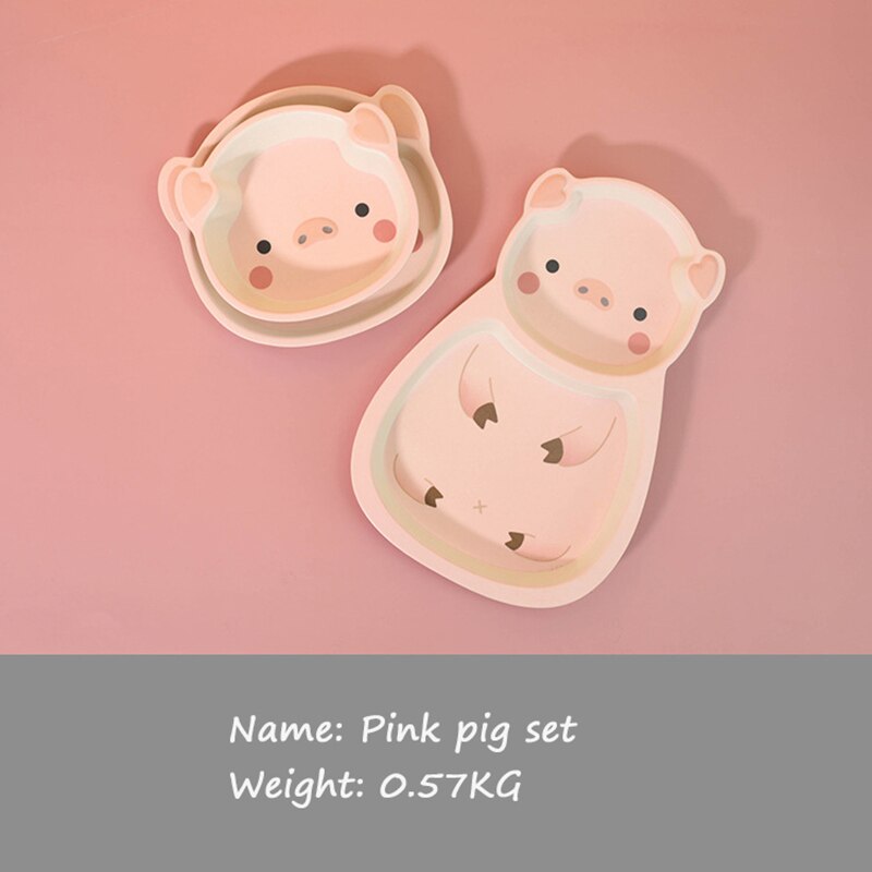 Kids bamboo fiber tableware children's dinner plate set pig shape plate baby feeding cute cartoon animal anti-fall bowl plate