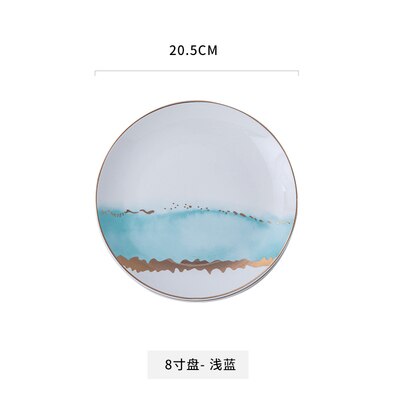 Assiette en céramique dorée vaisselle décoration de la maison assiette en porcelaine plat gâteau pâtisserie assiette à gâteau de fruits bol à soupe de riz tasse à thé: 8 inch Light blue