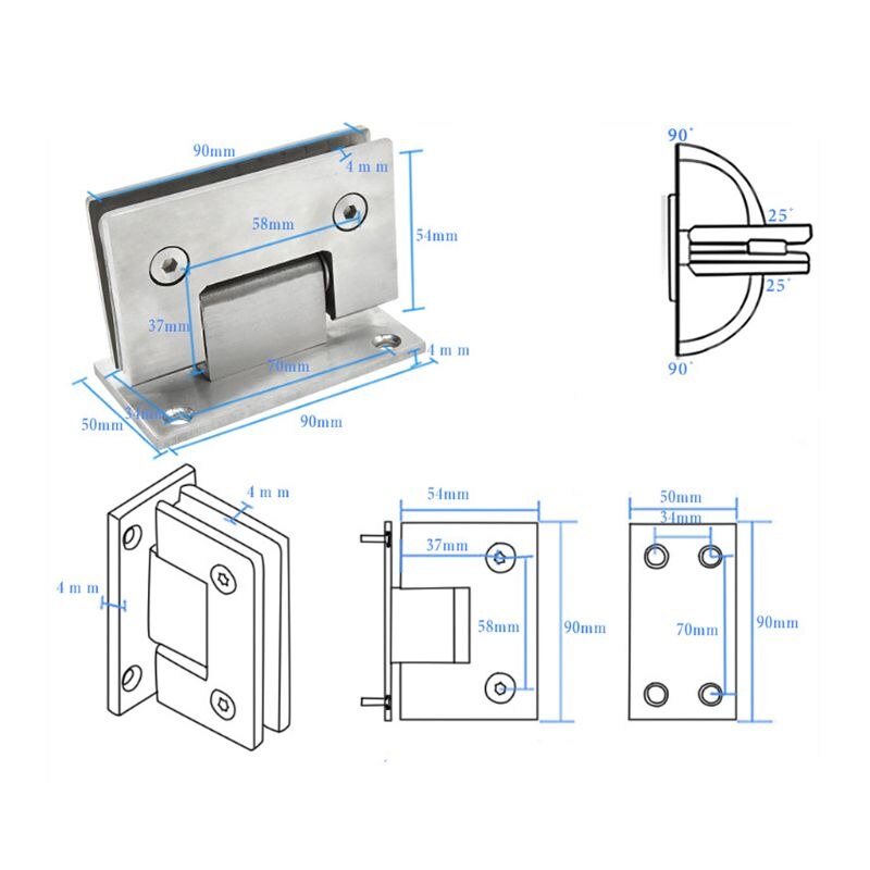 8-12mm Glass Door Hinge Bathroom Shower Door Frameless Bracket Wall Mounted Door Hinges K3KA