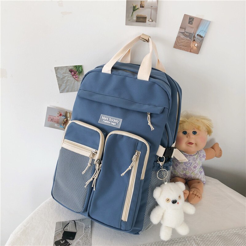 Draagbare Gesp Meerdere Zakken Vrouwen Rugzak Vrouwelijke Dubbele Laag Waterdichte Nylon Schooltas Schoolmeisje Laptop Rugzak: Blauw