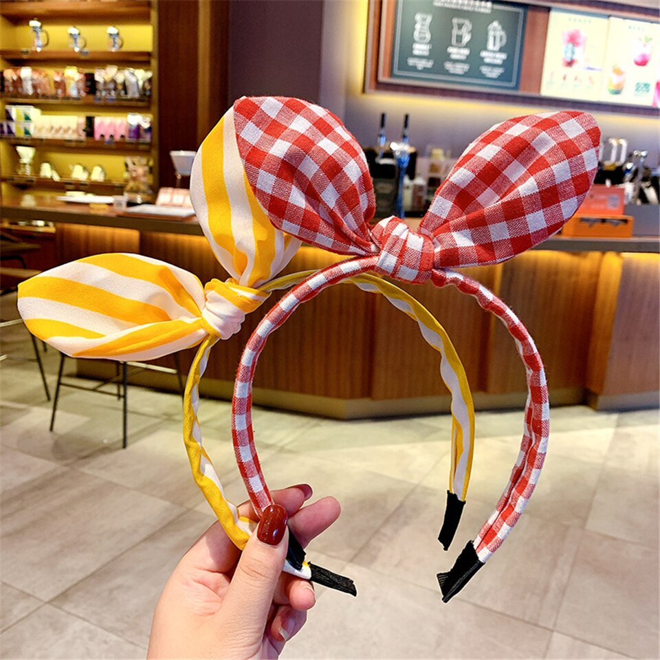 Kinder Nette Farben Gedruckt Plaid Streifen Haar Hoop Hair Mädchen Schöne Dot Bogen Kaninchen Ohren Stirnbänder Kinder Haar Zubehör