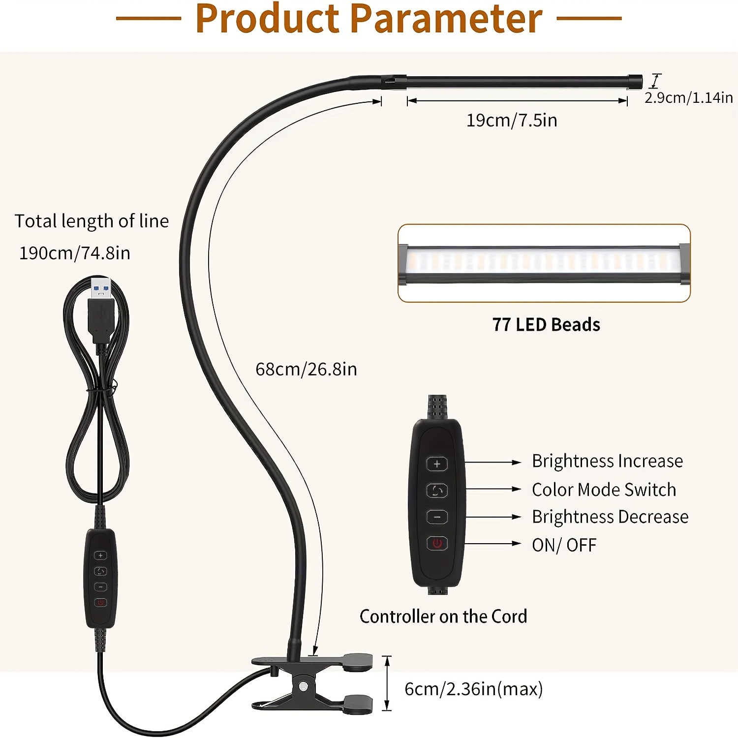 Dimmbare 360-Grad-flexibel Schwanenhals-LED-Schreibtischlampe zum Aufstecken, Leselicht, augenschonend, 10 Helligkeitsstufen, einstellbar: Schwarz