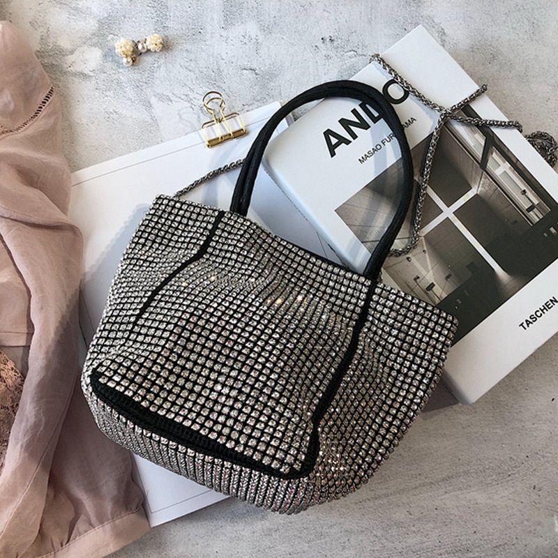 Handtas met strass-steentjes, diagonale ketting, bling, vrouwelijk, modieuze tas, avondtas, feesttas, vol met diamanten, zilveren kralen