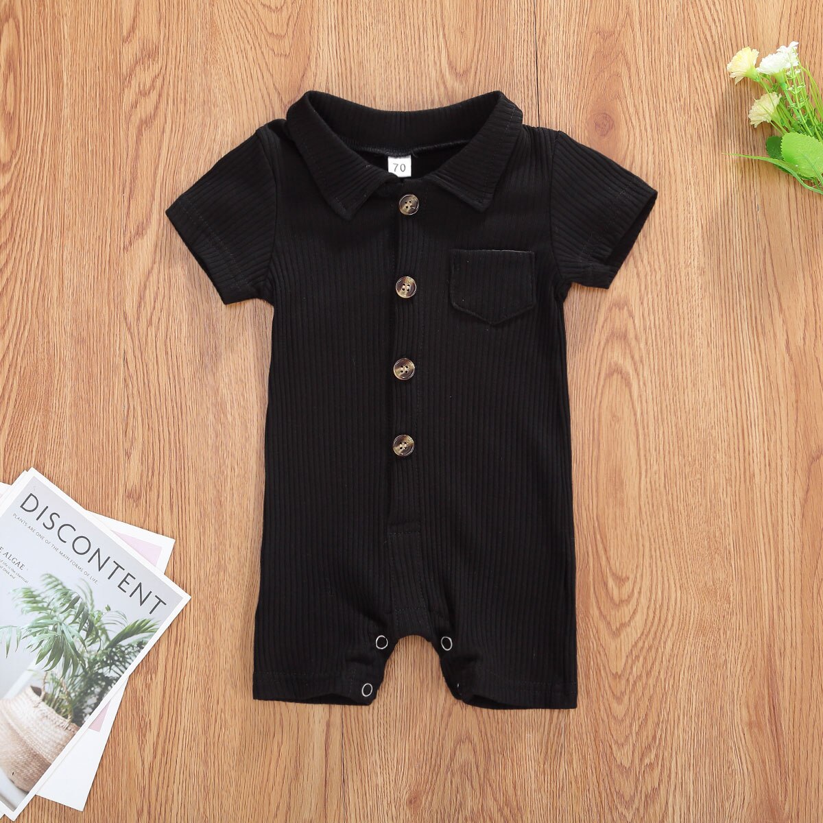 Baby Boy 3M-24M Brei Romper Solid Een Stuk Revers Jumpsuit Korte Mouwen Katoen Button Down bodysuit