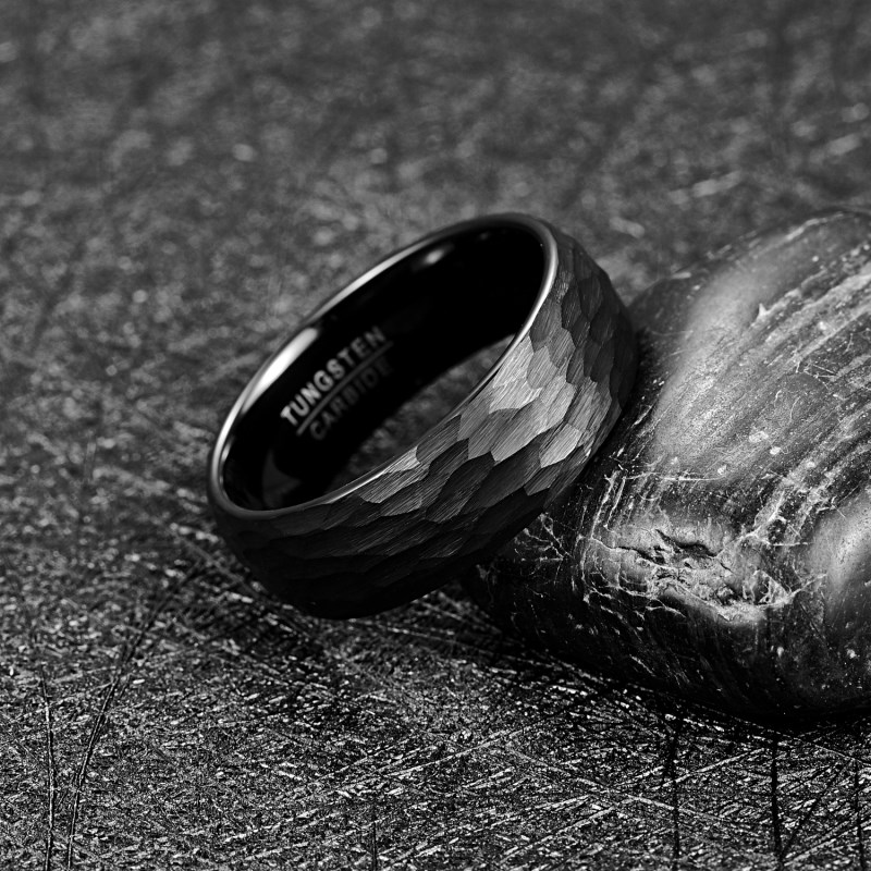 8mm svart wolfram bryllup band for menn mangefasetterte hamret børstet finish menn ringer aaa