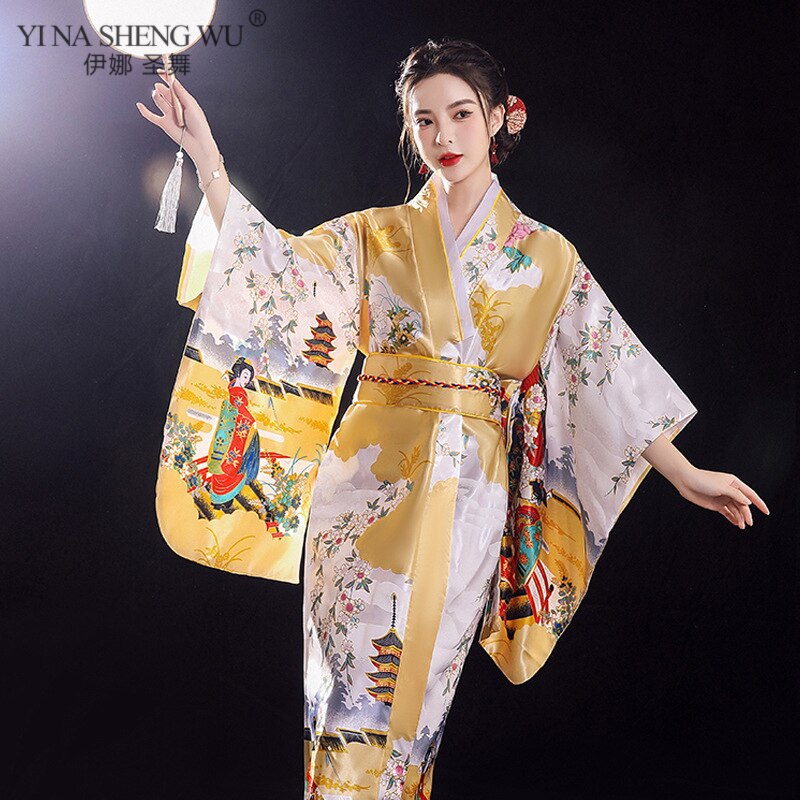 Kimono japonés Sexy para mujer, traje de Cosplay tradicional, de satén Floral, talla única, Yukata con Obi, novedad: H0058-2 Yellow
