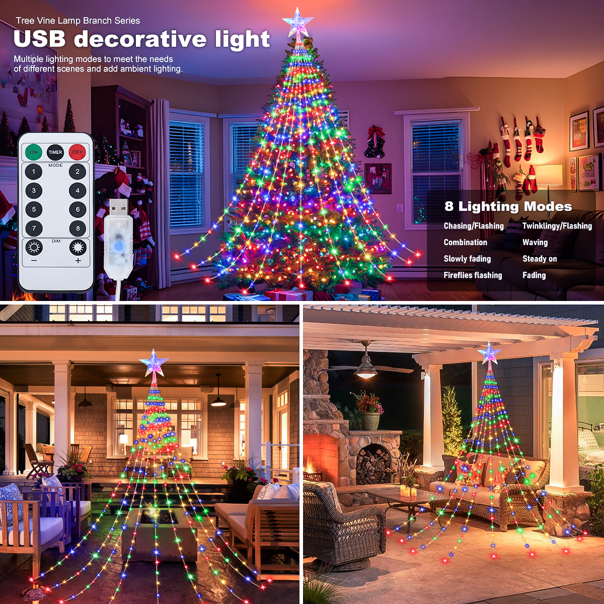 Luces de hadas alimentadas por USB, lámpara de cascada de Navidad impermeable de 280LED, 8 modos de iluminación para decoraciones de árboles de boda de dormitorio interior