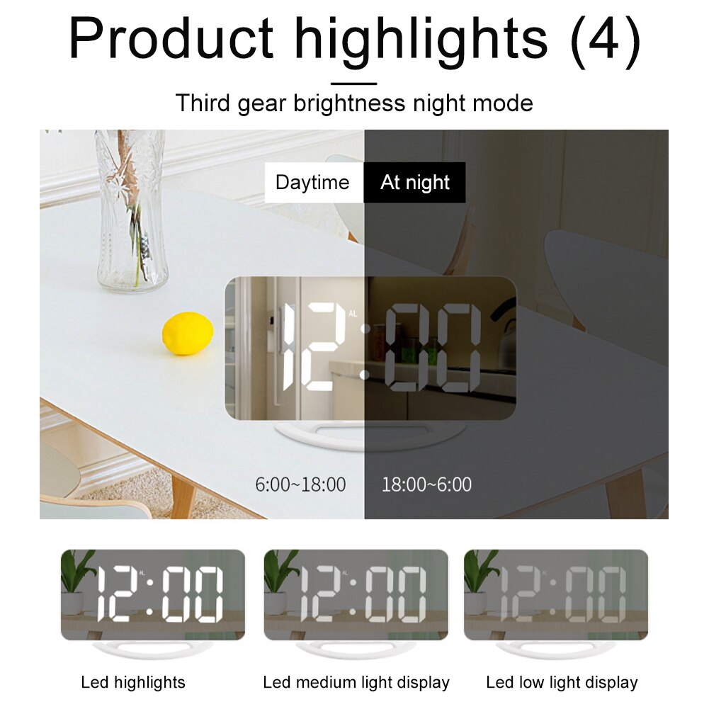 2 USB Ports Loud Digital Alarm Clock Heavy Sleeper Vibrating LED Mirror Home Office Adjustable Brightness With Bed Shaker