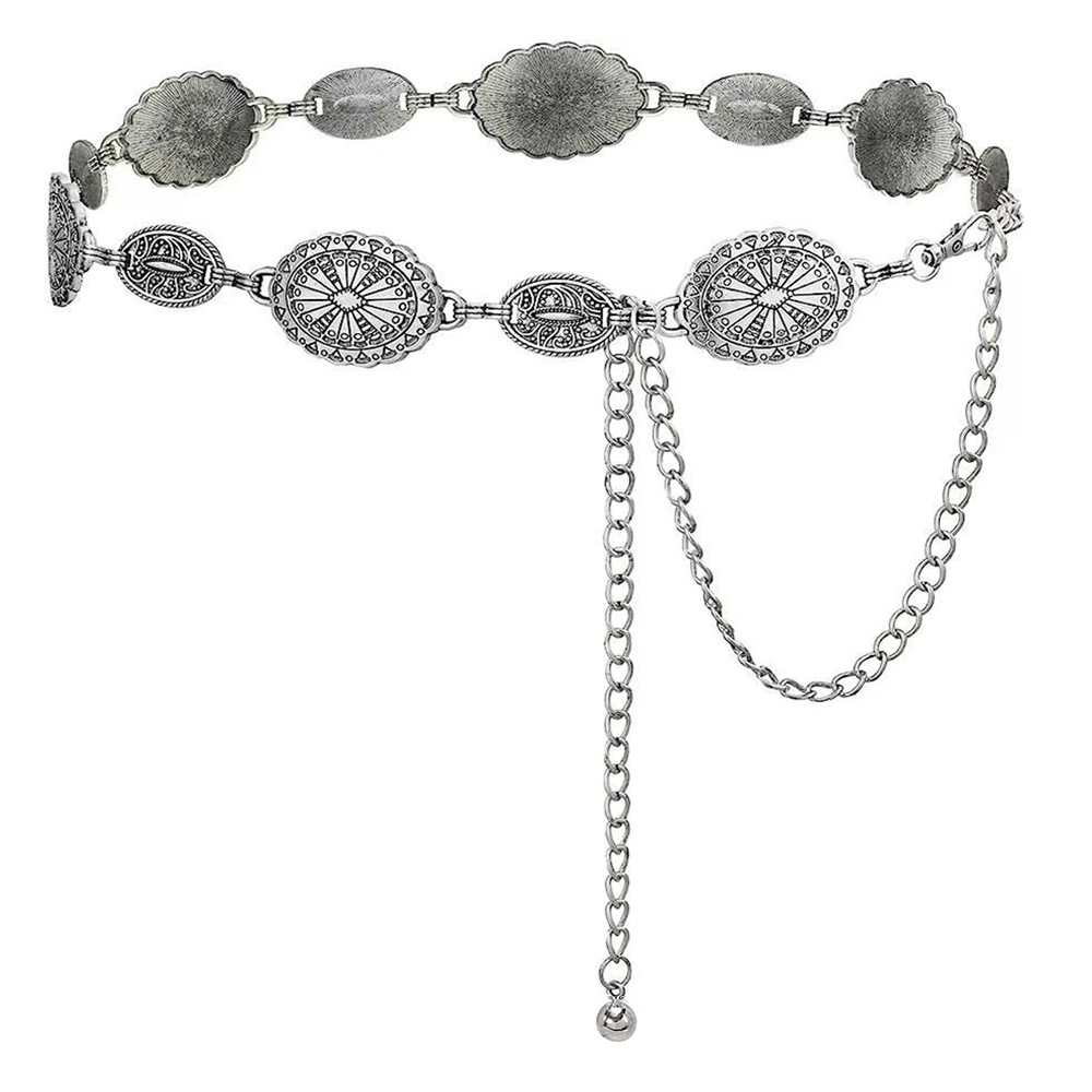 Acessórios de corrente de cintura de metal feminino estilo retrô círculo decorativo esculpido cinto de corrente acessórios de estilo alto