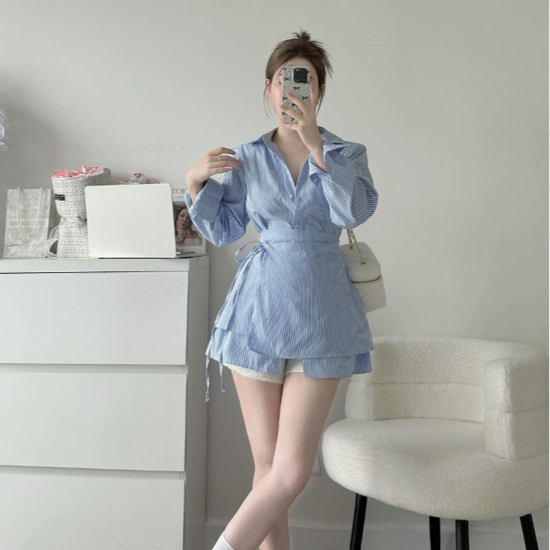 Streifenhemden und Blusen, langärmelig, 2025, Damen-Blusas, einreihig, Camisas, Revers, Ropa Mujer, Frühling, Sommer, Spitzen mit Schürze