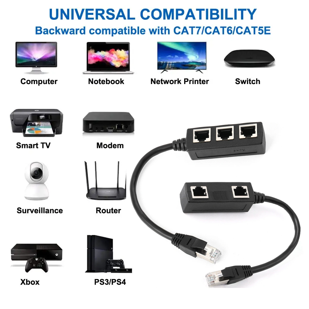 RJ45 1 bis 2/1 bis 3 Wege Splitter-Anschluss Netzwerkadapter Katze5 Katze6 Katze7 LAN Ethernet-Kabel für Netzwerkverlängerung