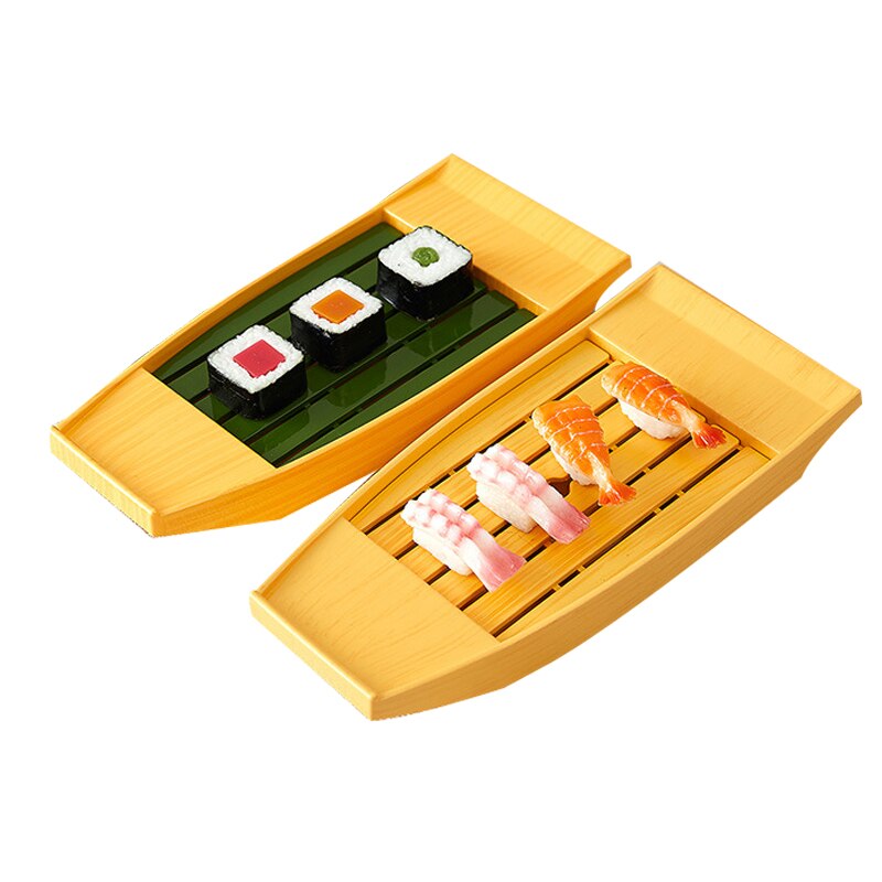 ABS Imitation Bamboo and Wood Dragon Boat Container Dragon Boat Sashimi Boat Dry Ice Boat Sushi Boat Sushi Container(Yellow)