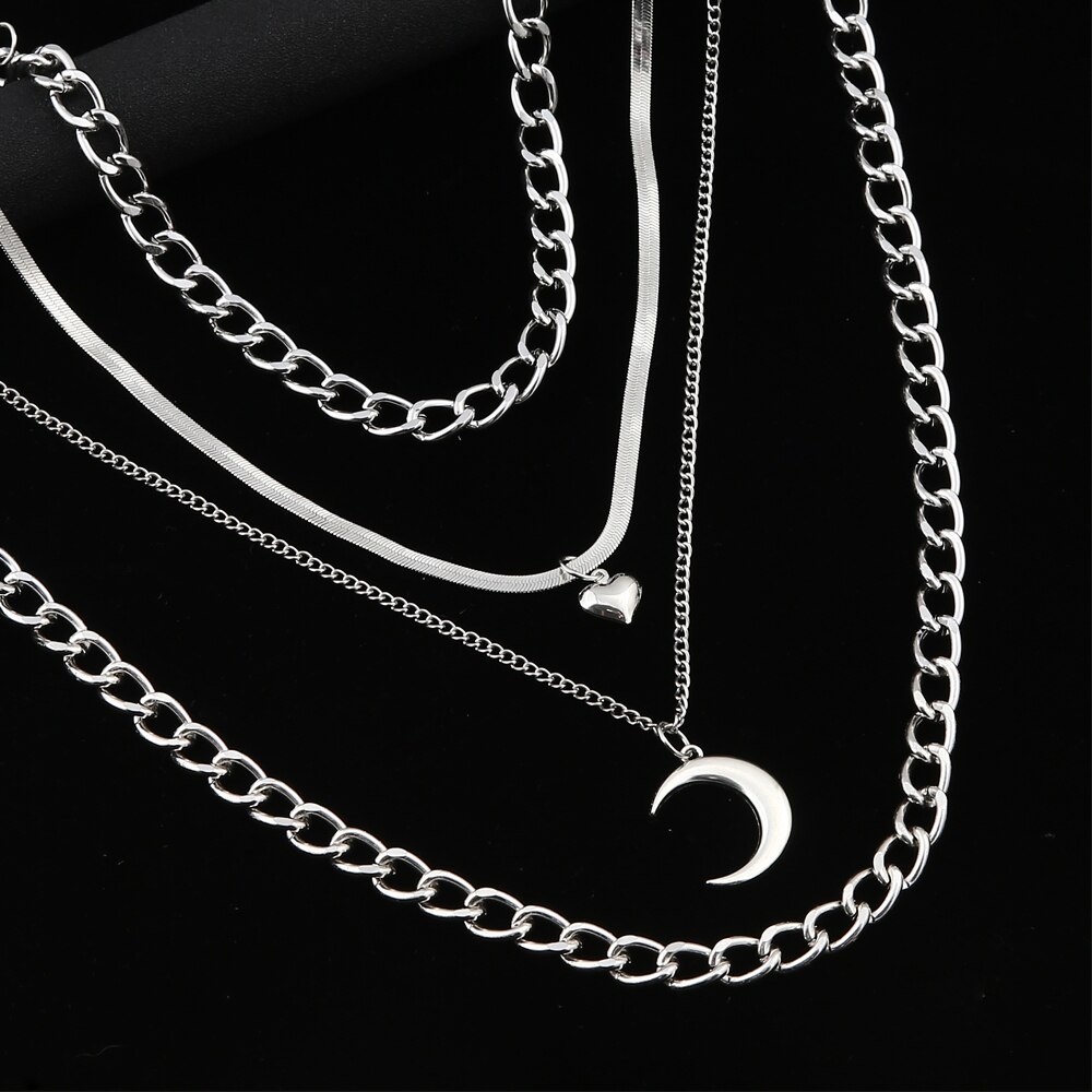 4pcs/set Layer moon pendant necklace chains necklace heart gothic necklace women female chocker neck goth jewelry