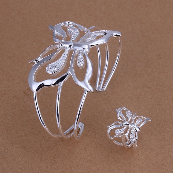 Fabriek direct vrouwelijke prachtige charme, bruiloft steen vlinder Armband ring mode Zilveren kleur sieraden Set S260