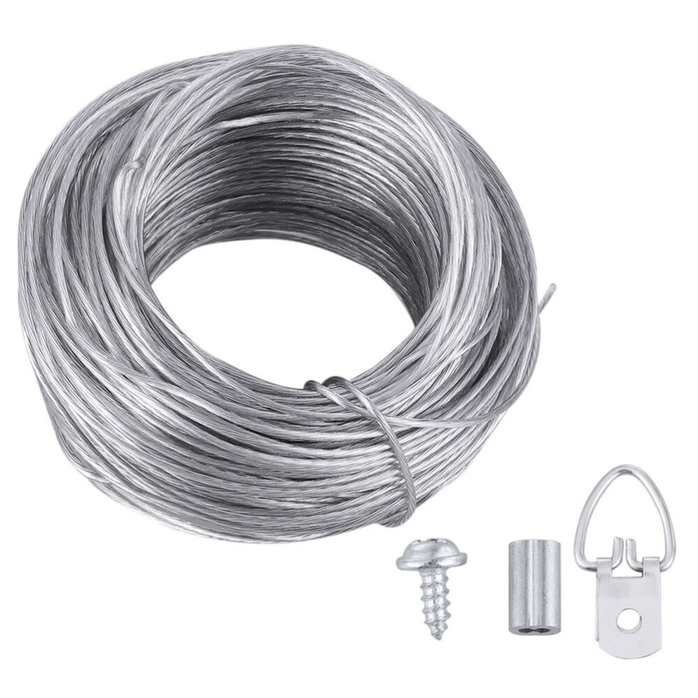 1Set Wire Rope and Photo Frame Hanging Hooks Kit Picture Hangers Picture Hanging Wire Set(20m Wire Rope +20 Sets of Rings)