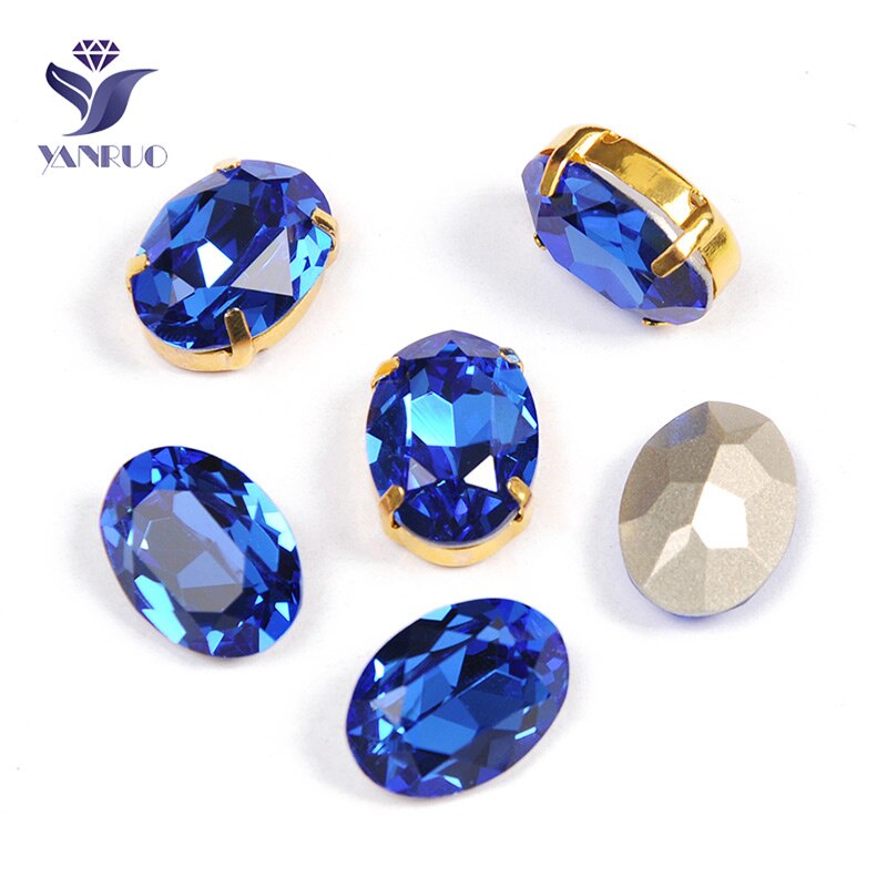 Yanruo 4120 Oval Blue Sapphire K9 Kristal Met Zilveren Klauwen Strass Naaien Op Strass Glas Naaien Jurk Pointback Stenen Gems