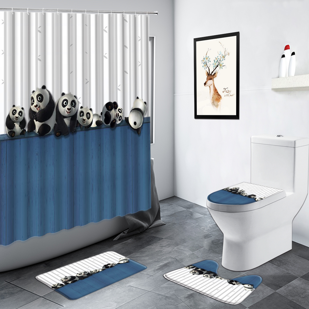 Juego de cortinas de ducha de Panda, alfombra antideslizante de estilo chino de bambú, Animal verde, negro, blanco, divertido: 2573M-4pcs Set