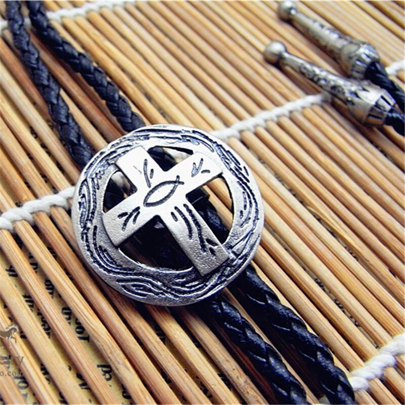 Bolo Tie Retro Overhemd Keten Poirot Led Touw Leer Cirkel Kruis Ketting Lange Tie Hang