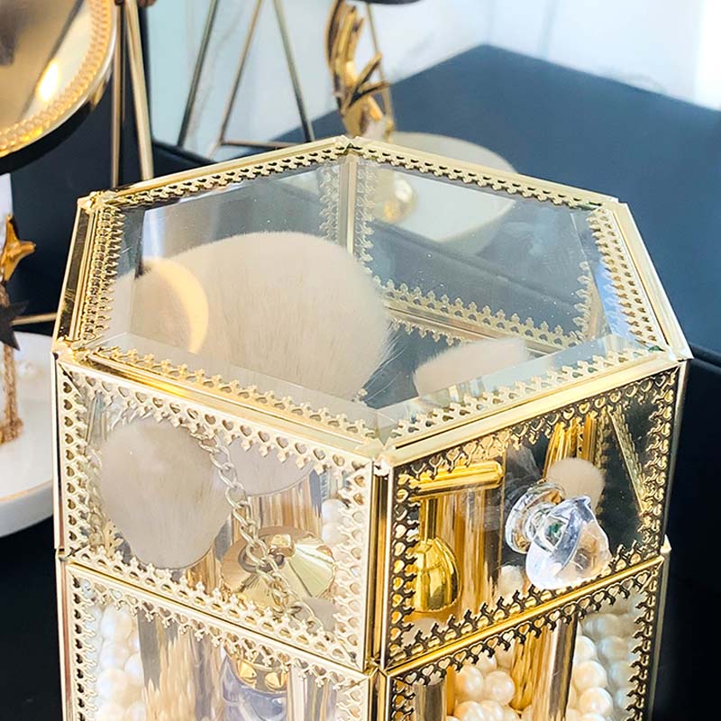 HUNYOO Glas en Metalen Parfum Flessen Make Borstels Houder Parels box Vierkante Gouden Make-Up Kwasten Parels Organizer Met deksel