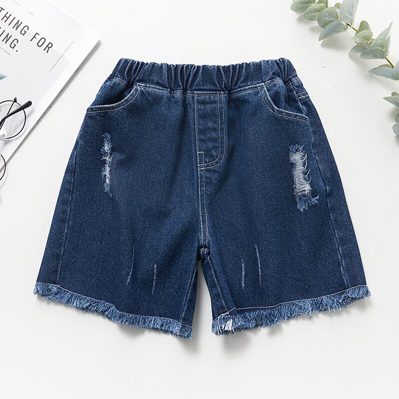 Kids Girl Denim Shorts Summer Bottoms Tassels Edge Flower Embroidery Breathable Elastic Waist Clothes: Navy Blue / 5T