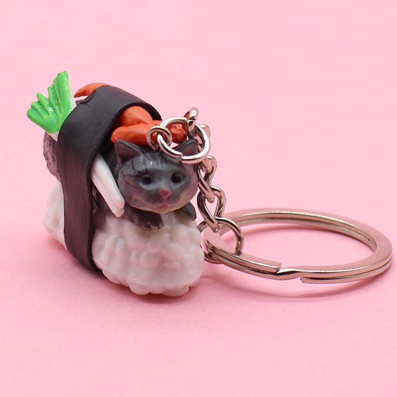 Neue Persönlichkeit Nette Cartooon PVC Katze und Sushi männer Schlüsselbund Auto Auto Metall Ring Anhänger Schmuck: grau Katze