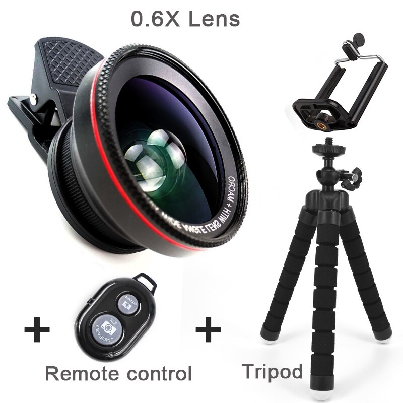 2 en 1 objectif de téléphone portable 4K HD 15X macro 0.6X objectif grand Angle pour iPhone 8 10 X Samsung LG Kit de caméra accessoires de téléphone portable: Black Set B