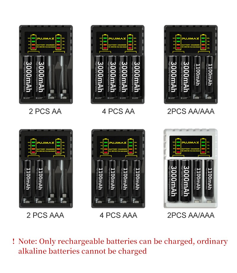 Carregador de bateria inteligente Ni-Mh PUJIMAX com 4 slots para bateria recarregável AA Ni-MH de 1,2 V com alimentação de saída USB e display LED