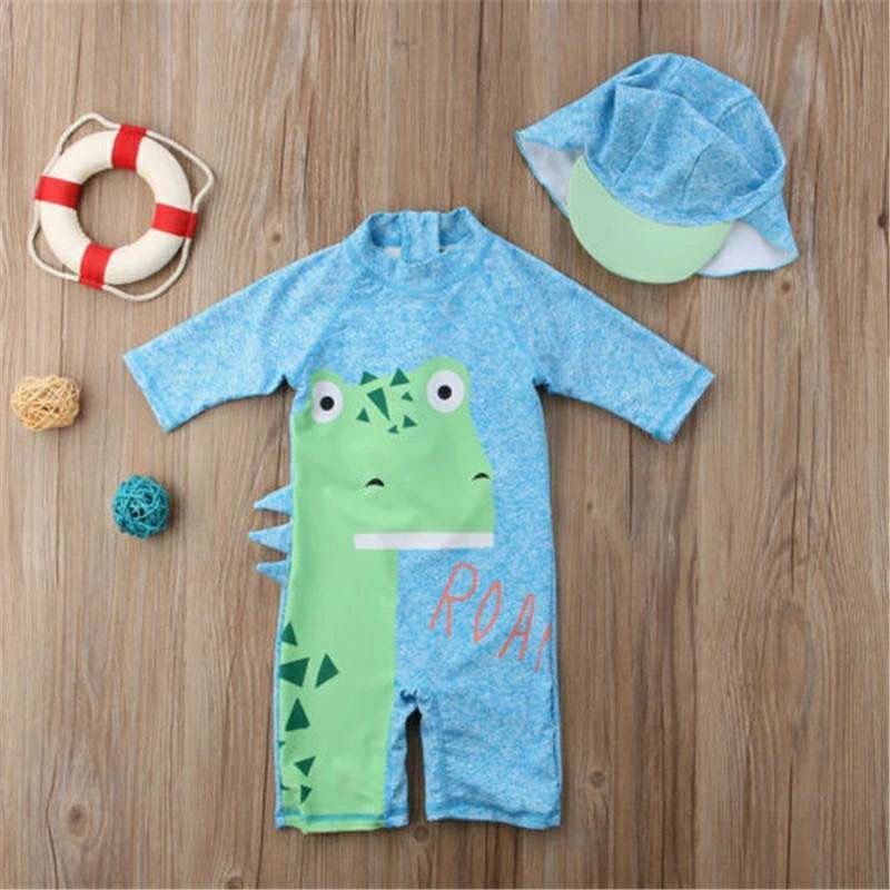 Neue Sommer Jungen Baby Bademode + Hütte 2Stck einstellen Karikatur Schwimmen Anzug Kleinkind Kleinkind Bademode freundlicher Strand bat Kleidung