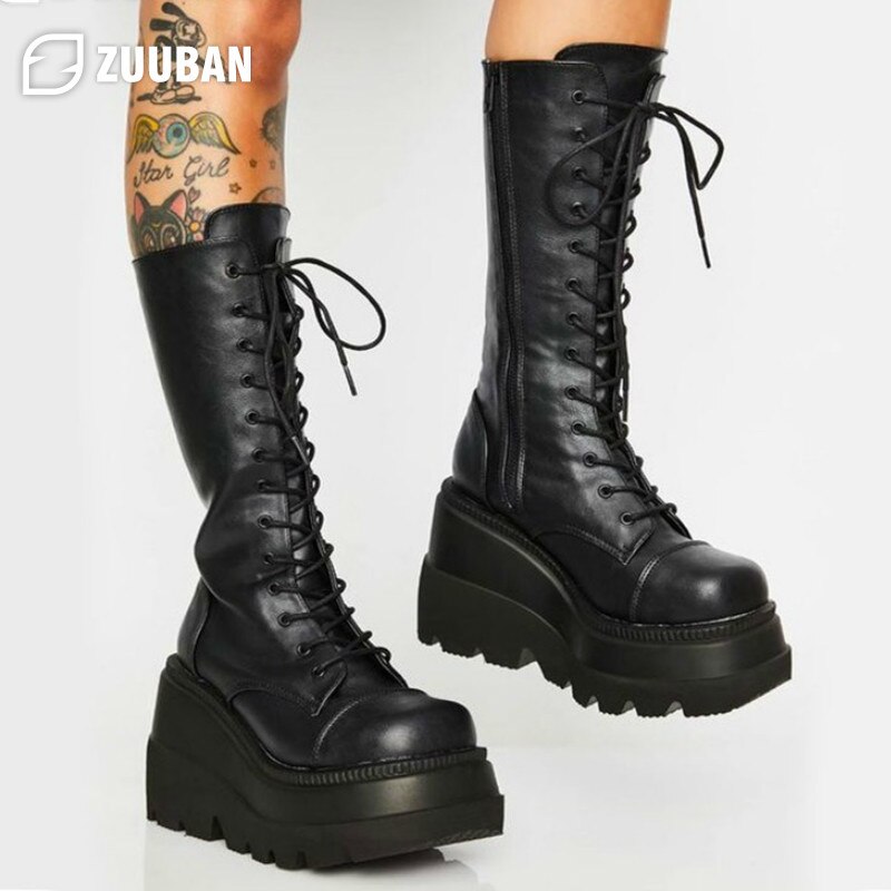 Botas hasta el muslo de cuero para mujer, botines con plataforma, cuñas de suela gruesa, zapatos guays góticos Punk, botas altas de talla 43