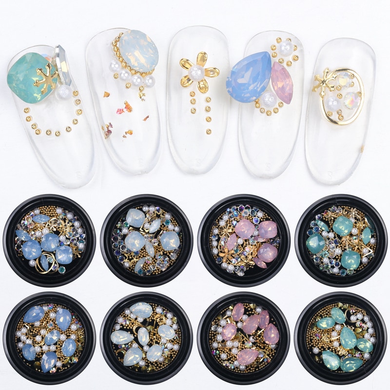 ELESSICAL Mixed Shape Opal Nail Resin Rhinestones Gems 3D Tip Drill Copper Nail Charm Beads Studs Manicure Nails Art Decorations