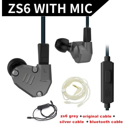 Kz ZS6 Grey Kleur 2DD + 2BA Hybrid In Ear Oortelefoon Hifi Dj Monito Running Sport Oortelefoon Oordopje Headset Metalen oordopjes Kz AS10: mic 3 cables