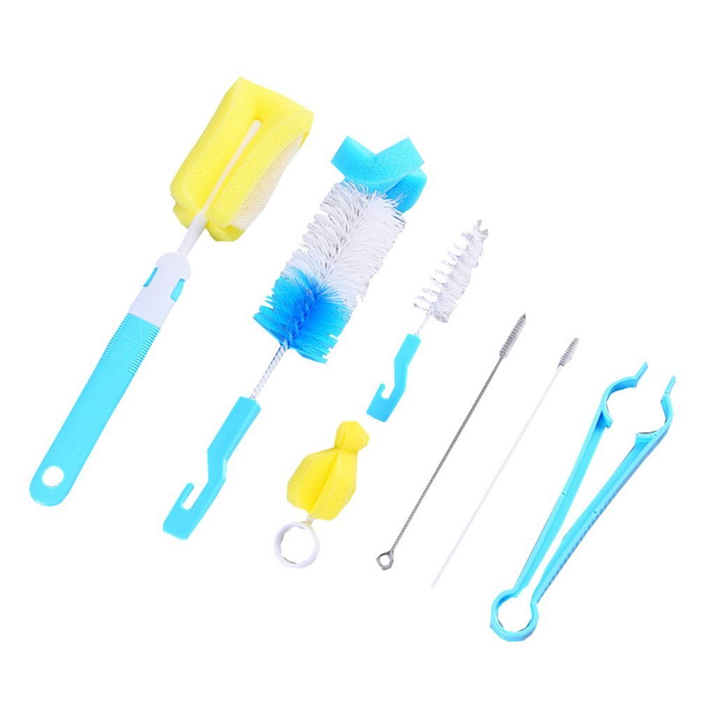 Sept pièces bébé biberon brosse bouteille nettoyage brosse éponge mamelon brosse acier inoxydable paille brosse bouteille brosse: Bleu
