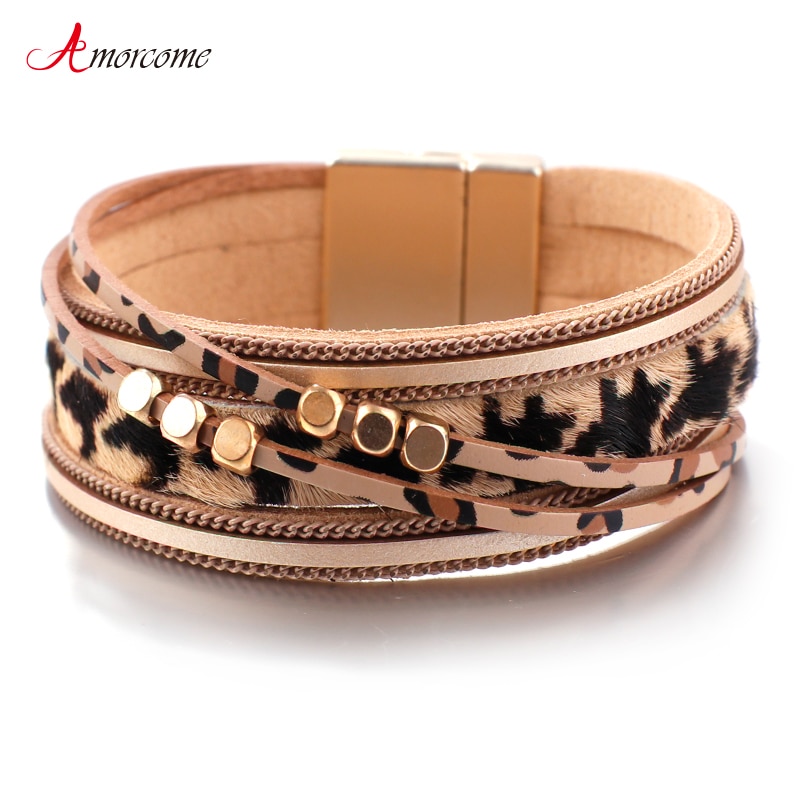 Amorcome luipaard leren armbanden voor dames metalen kralen bohemian brede wikkelarmband dames feest sieraden