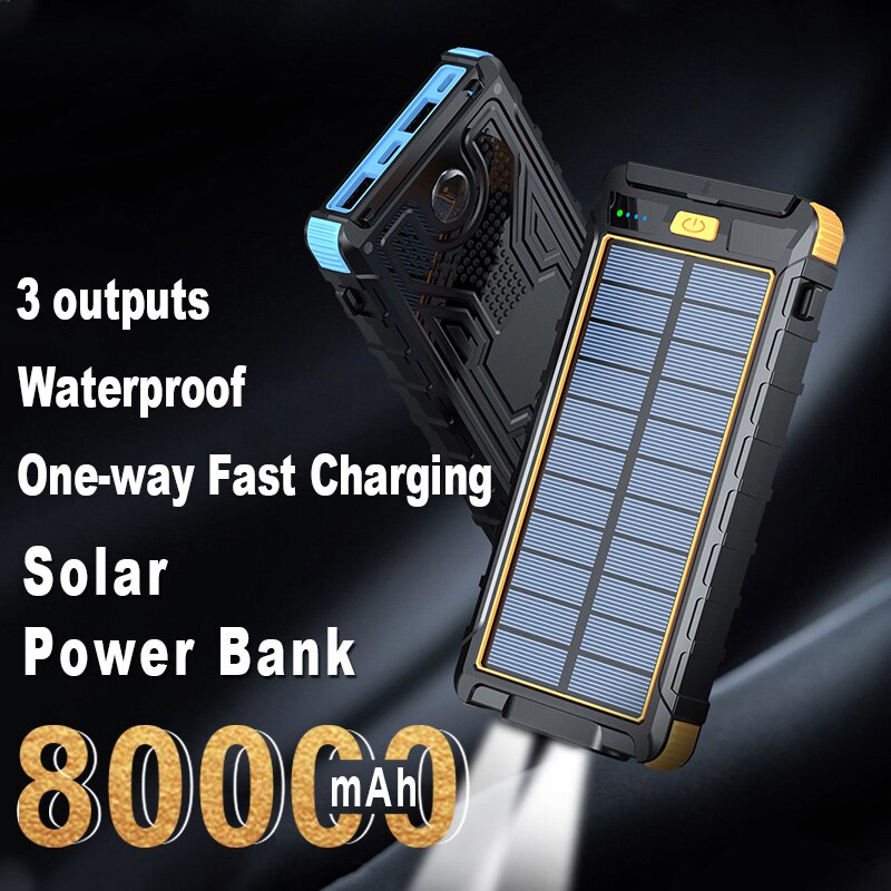 80000mAh Solar Power Bank Fast Charger Large Capacity Waterproof External Battery with Flashlight for Xiaomi Iphone Huawei