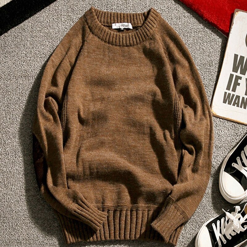 Märkeströja herr höst vinter varma herr stickade tröjor enfärgad casual o-neck pull homme bomullströja herr: Kaffe / Xxl