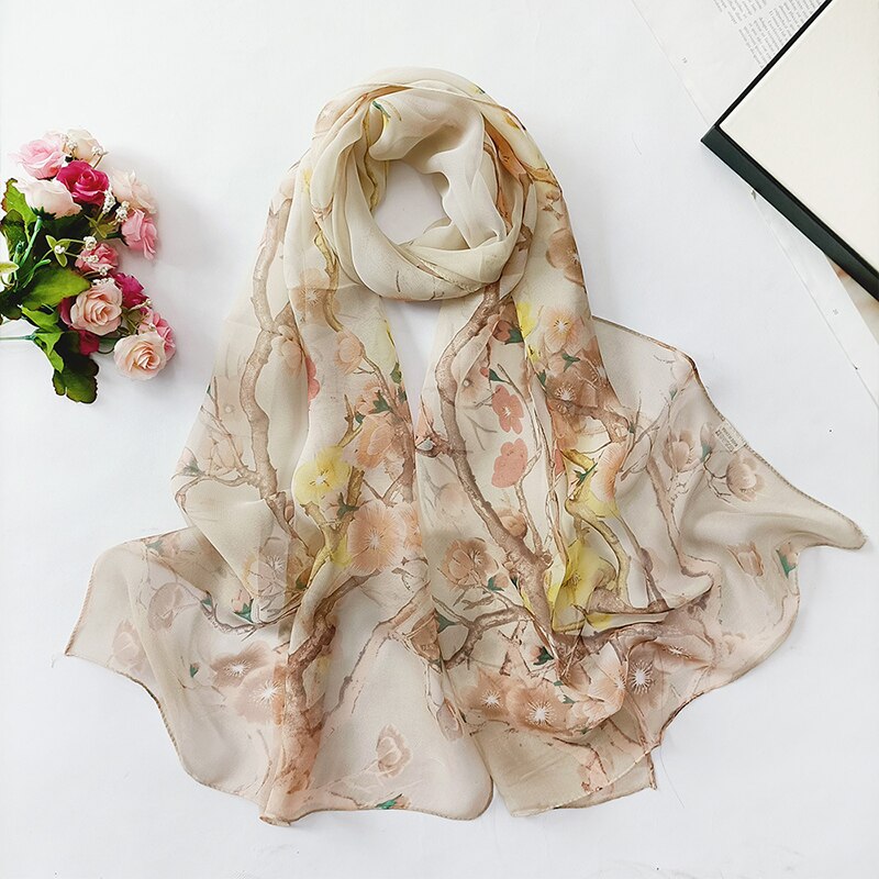 Mode Zon Zijden Sjaal Vrouwen Bloem Georgette Bandana Elegante Zee Strand Shawl Soft Hijab Lange Dunne Zijden Sjaal: 6