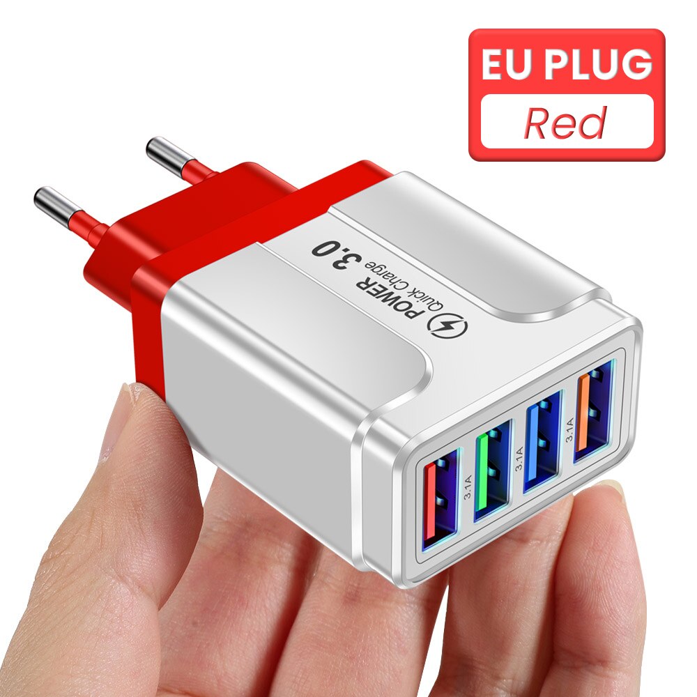 4 Poorten Usb Charger 3.1A Quick Charge Travel Charger Eu/Us/Uk Plug Snel Opladen Lader Voor iphone 13 12 Pro Xiaomi Redmi: RED EU PLUG