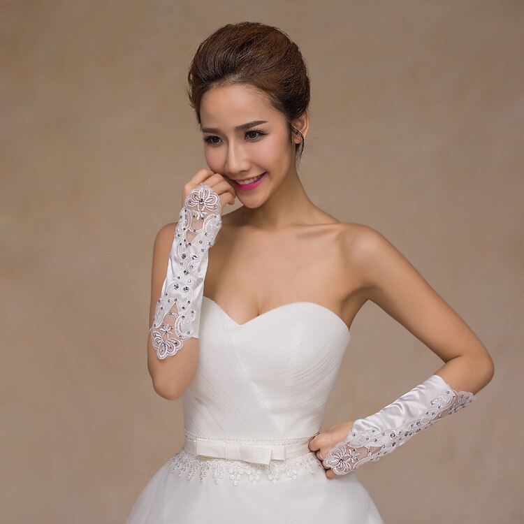 Vingerloze Handschoenen Bruid Bruiloft Satijnen Bruids Handschoenen Met Kralen En Pailletten Korte Bruiloft Accessoires