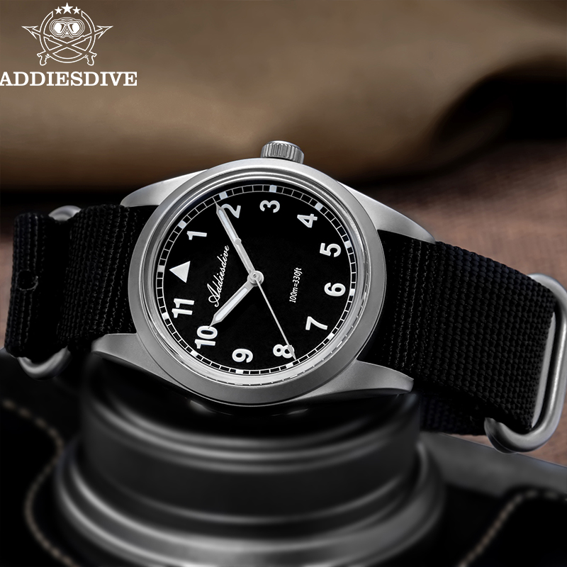 Reloj de cuarzo ADDIESDIVE, correa de nailon luminosa, cristal de espejo de burbuja de acero 316L VH31, caja arenada de buceo de 100M, reloj de hombre de 36mm
