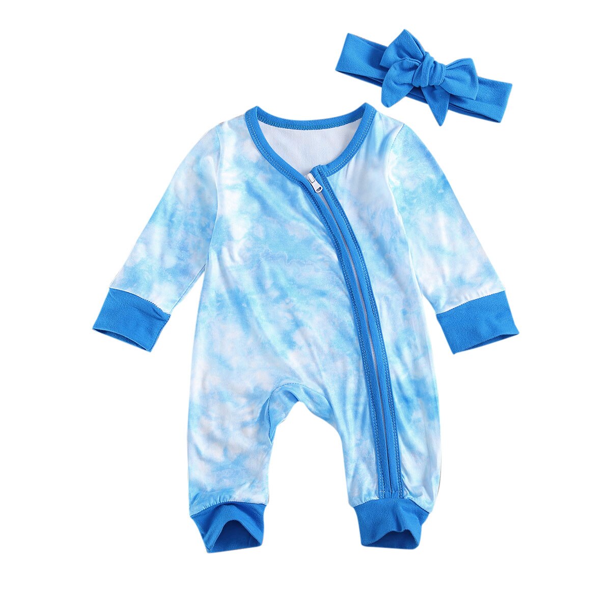 Pasgeboren Meisjes Jongens Romper, kinderen Tie-Geverfd Diagonale Rits Lange Mouw En Lange Broek Jumpsuit Met Strik Hoofdband: a / 3M