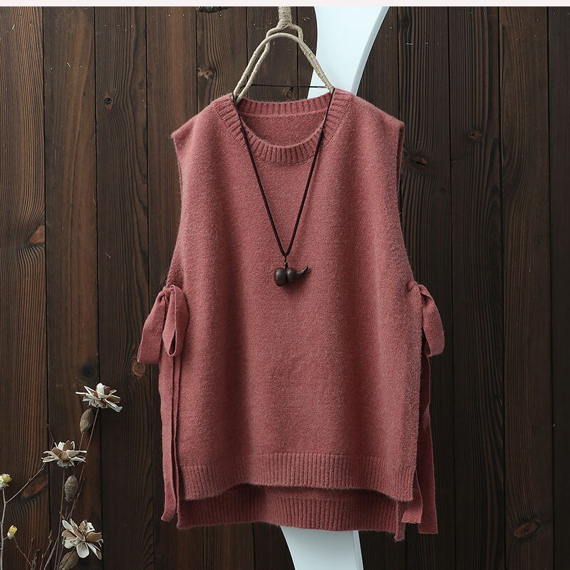 Stil litterær rundhalset ensfarvet strikket vest damevest med bred løs pullover vest med slidser