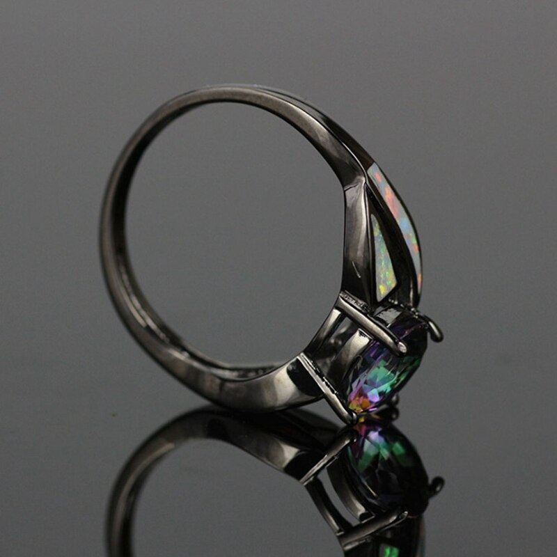 Charming Bianco Opale di Fuoco Anello Colorato Sappjire Delle Donne Degli Uomini di Gioielli Arcobaleno Nero Riempito Anelli Di Fidanzamento Bijoux Femme