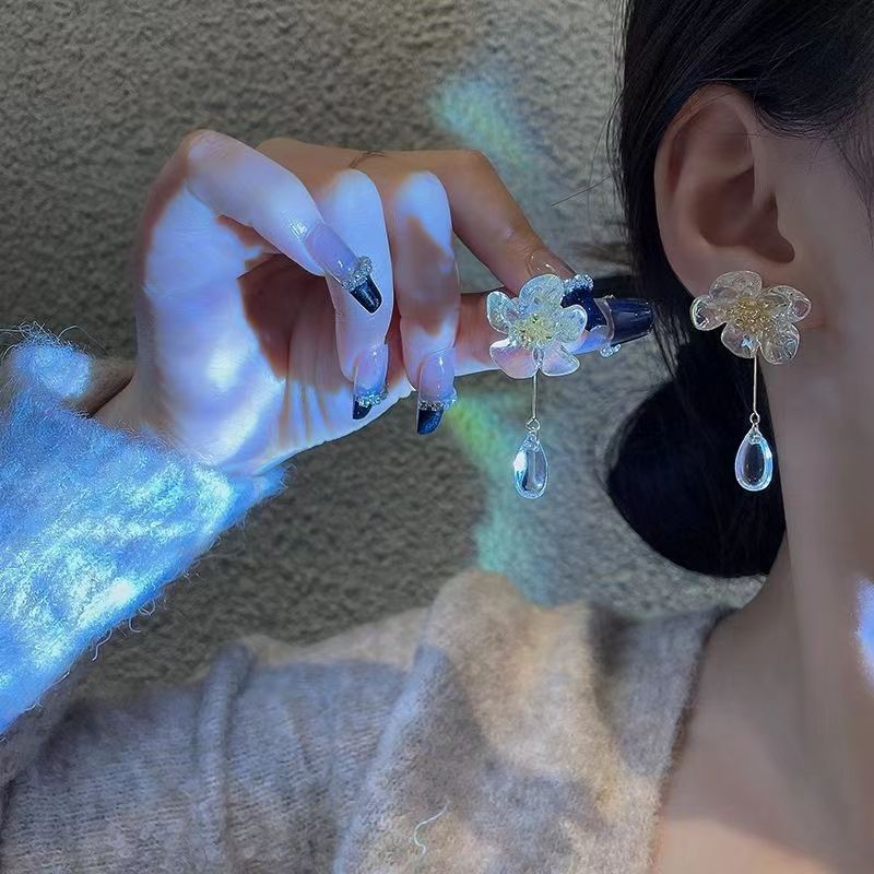 Korean Acrylic Flower Earrings For Women Long Tassel Transparent Crystal Earring Jewelry Wedding